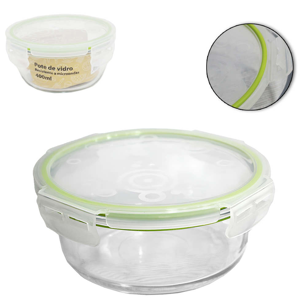 POTE DE VIDRO BOROSSILICATO REDONDO COM TAMPA HERMETICA E TRAVA 400ML