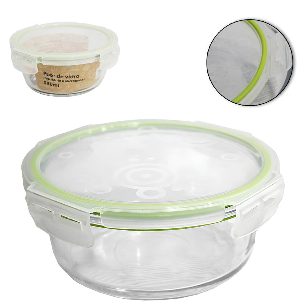 POTE DE VIDRO BOROSSILICATO REDONDO COM TAMPA HERMETICA E TRAVA 580ML