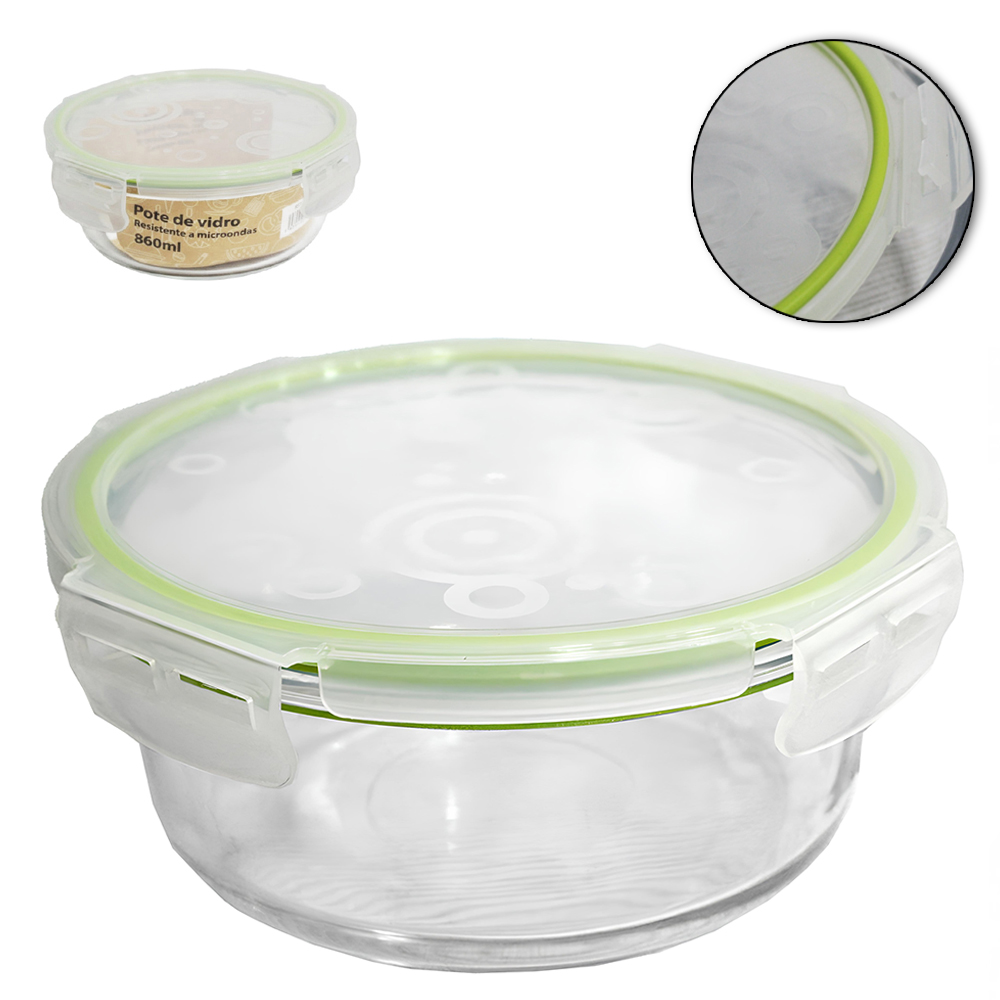 POTE DE VIDRO BOROSSILICATO REDONDO COM TAMPA HERMETICA E TRAVA 860ML