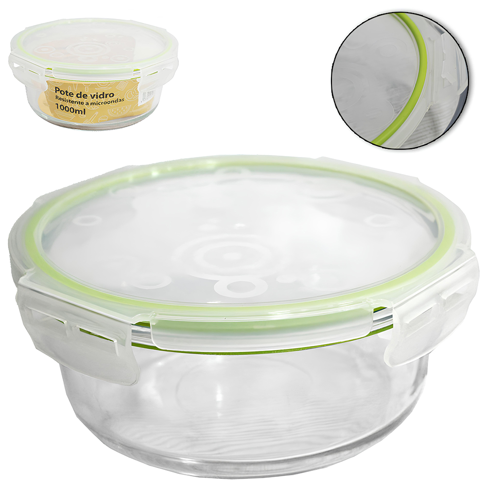 POTE DE VIDRO BOROSSILICATO REDONDO COM TAMPA HERMETICA E TRAVA 1000ML