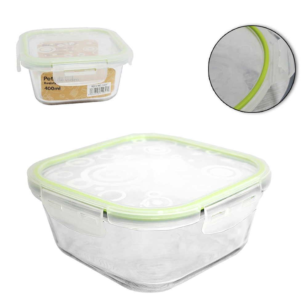 POTE DE VIDRO BOROSSILICATO QUADRADO COM TAMPA HERMETICA E TRAVA 400ML