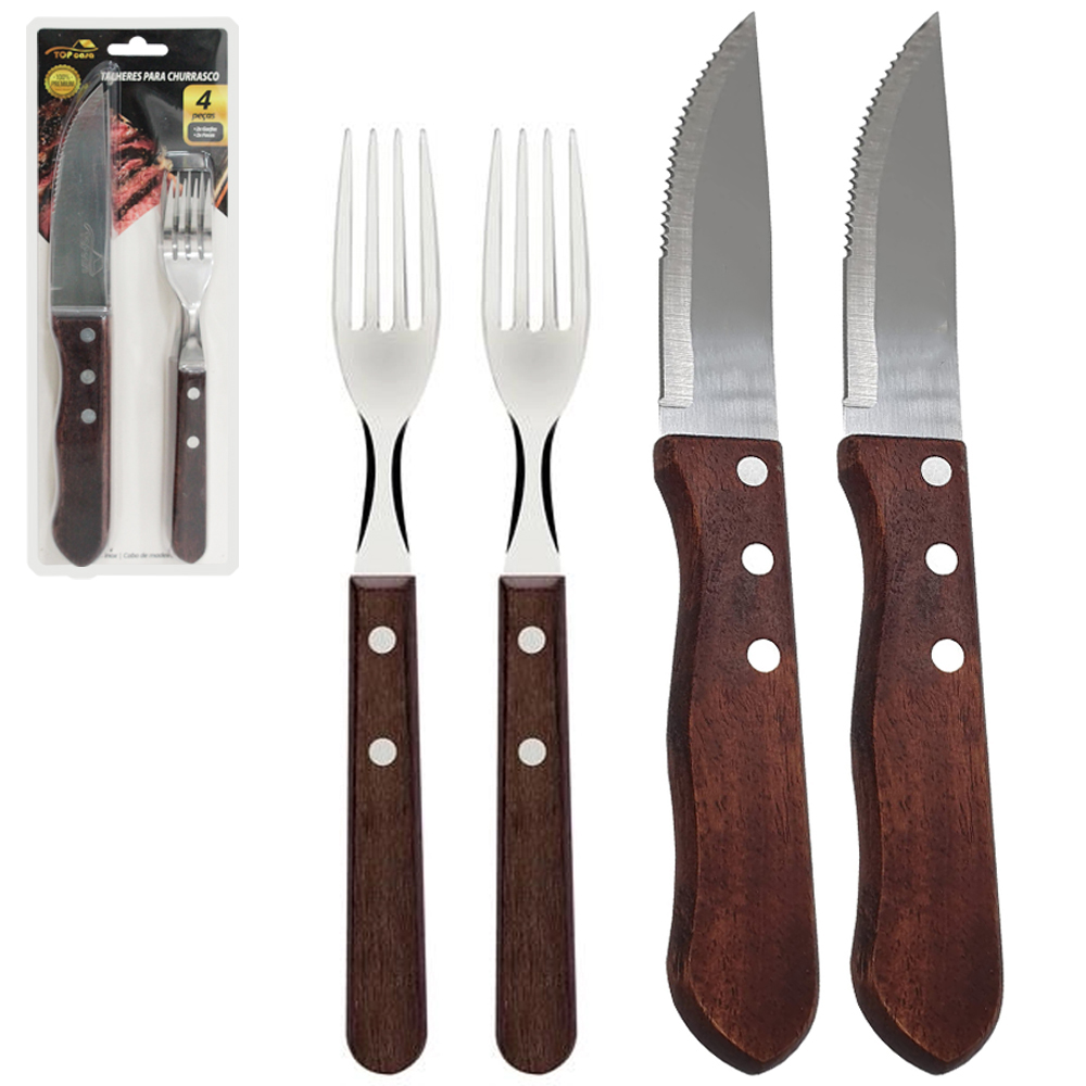 GARFO COM FACA DE CHURRASCO DE INOX CABO MADEIRA TOP CASA 4 PECAS