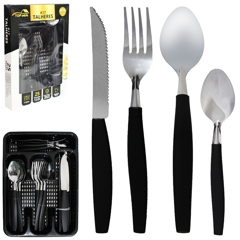 CONJUNTO DE TALHERES / FAQUEIRO DE INOX COM 24 PECAS CABO PLASTICO + PORTA TALHER PRETO TOP CASA