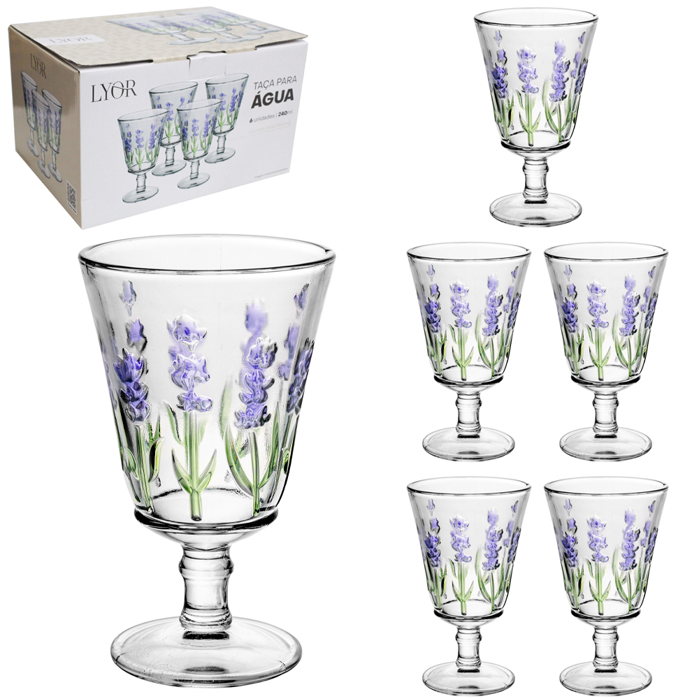 JOGO DE TACA DE VIDRO PARA AGUA / VINHO LAVANDA HAND PAINTING COM 6 PECAS 240ML