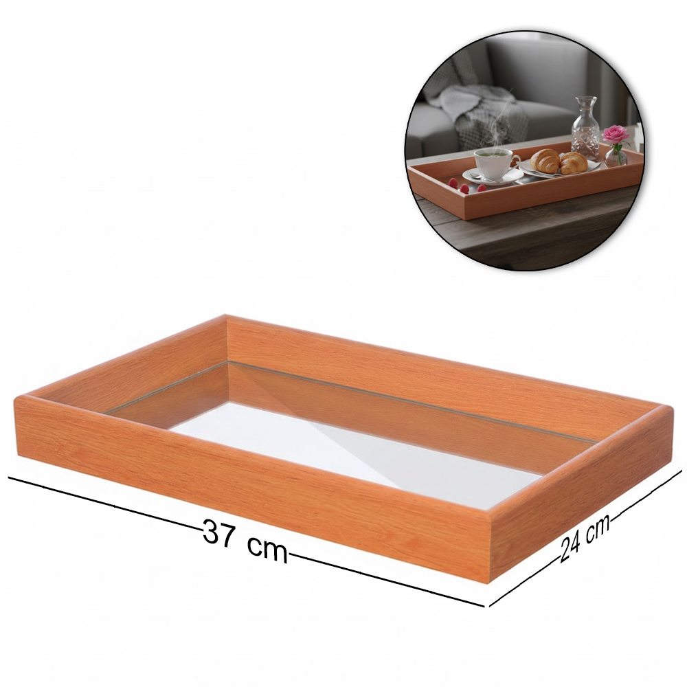 BANDEJA DE MADEIRA MDF COM ESPELHO RETANGULAR 37X24X4CM