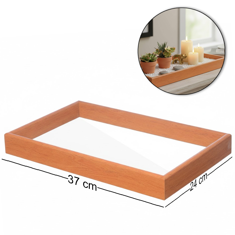 BANDEJA DE MADEIRA MDF COM FUNDO DE VIDRO RETANGULAR 37X24X4CM