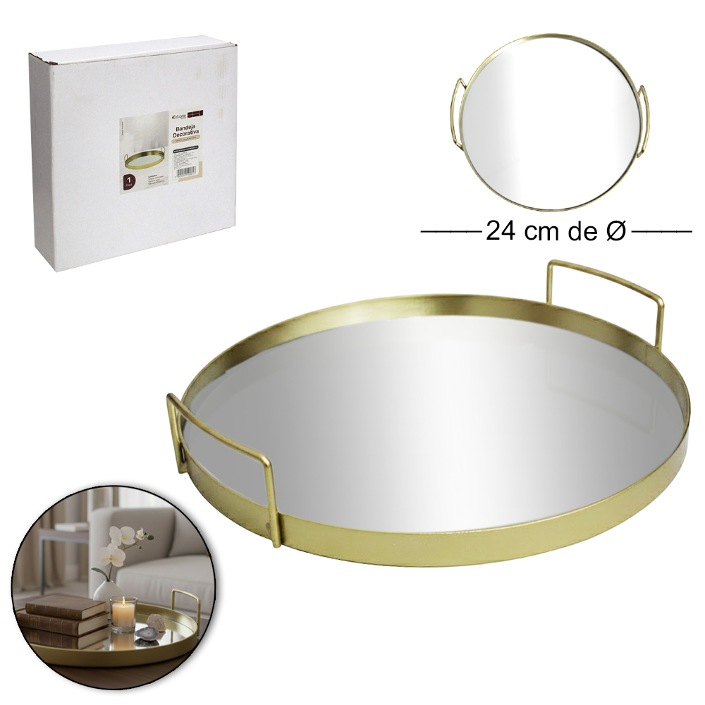 BANDEJA DE METAL COM ESPELHO REDONDO + ALCA DECORATIVA METALIZADO DOURADO DECOR 5X24CM DE Ø