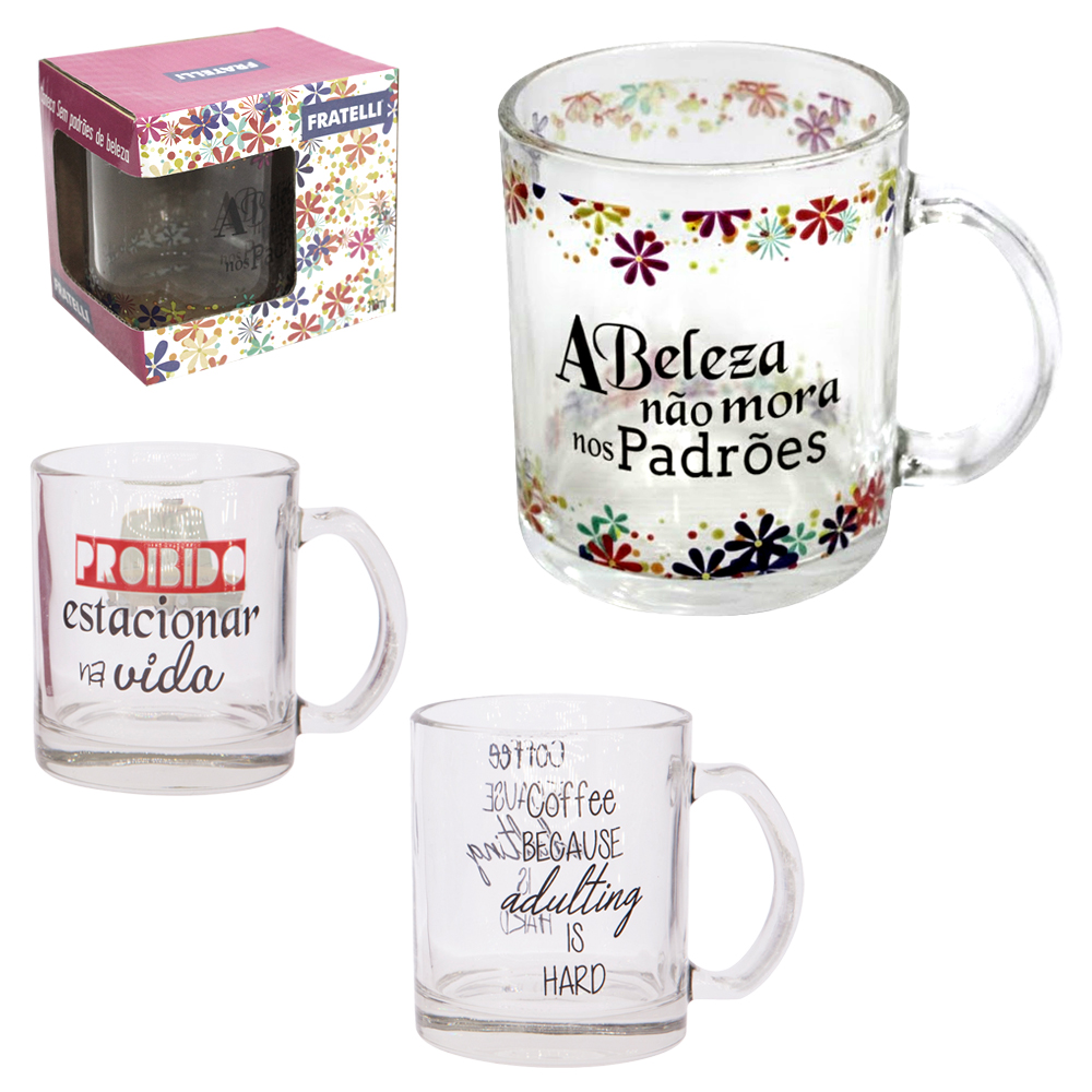 CANECA XICARA DE VIDRO A BELEZA NAO MORA NOS PADROES 310ML