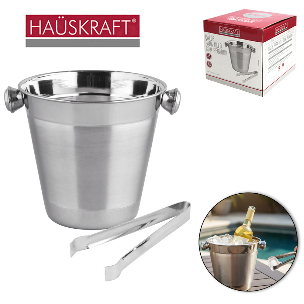 BALDE DE GELO DE INOX REDONDO COM ALCA E PEGADOR HAUSKRAFT 1,3L 14X14CM DE Ø