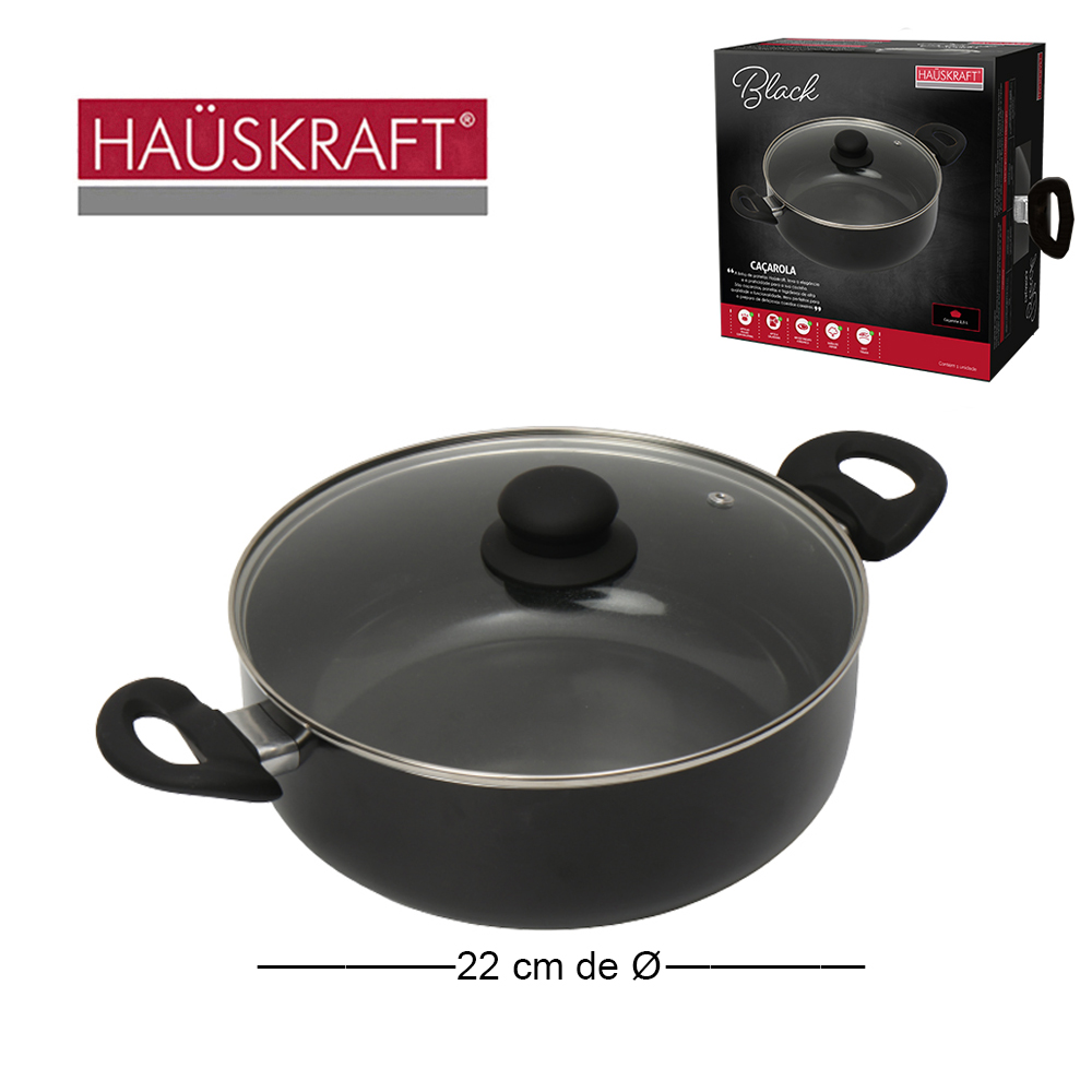 CACAROLA REVESTIDA CERAMICA COM ALCA E TAMPA DE VIDRO BLACK HAUSKRAFT 22CM DE Ø 2,5L