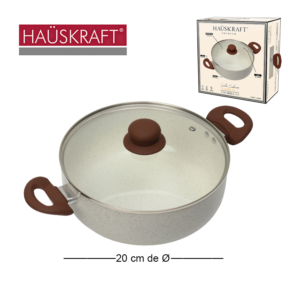 CACAROLA REVESTIDA CERAMICA ALCA E TAMPA DE VIDRO LINHA COOFEWARE FLORENCA HAUSKRAFT PREMIUM 2L 20CM DE Ø