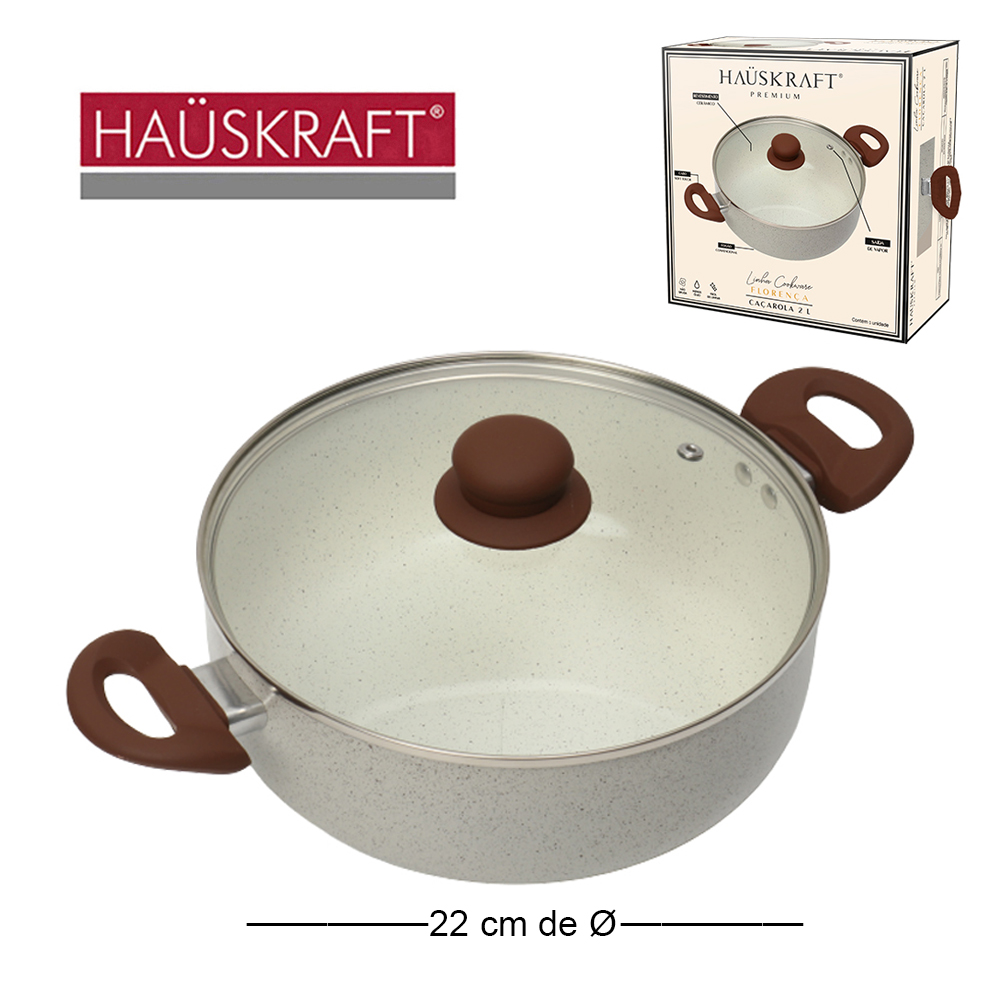 CACAROLA REVESTIDO CERAMICA ALCA E TAMPA DE VIDRO LINHA COOFEWARE FLORENCA HAUSKRAFT PREMIUM 2,5L 22CM DE Ø