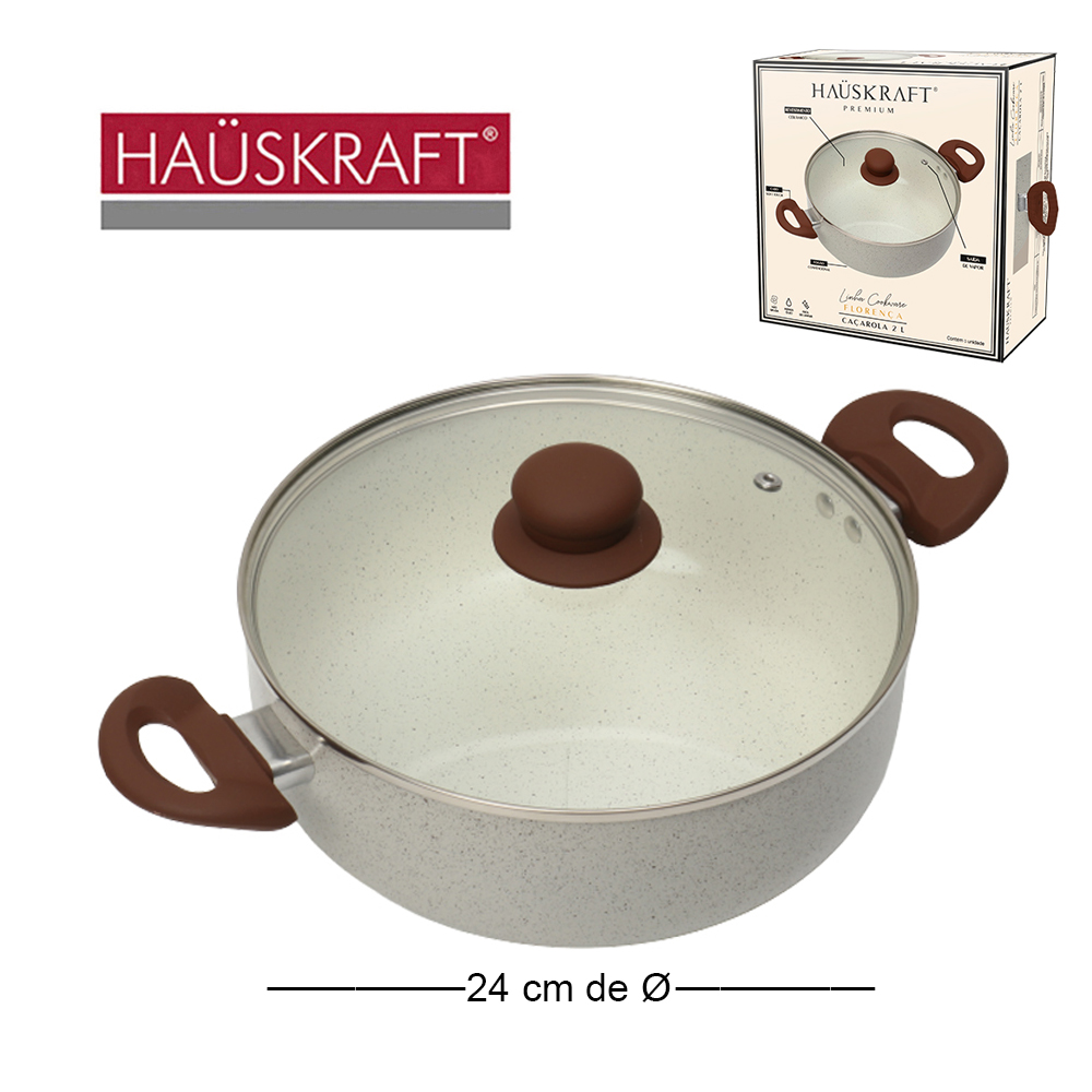 CACAROLA REVESTIDA CERAMICA ALCA E TAMPA DE VIDRO LINHA COOFEWARE FLORENCA HAUSKRAFT PREMIUM 3L 24CM DE Ø