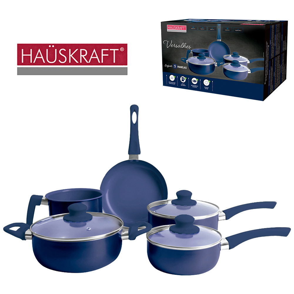 CONJUNTO DE PANELAS ANTIADERENTE COM TAMPA DE VIDRO VERSALHES AZUL HAUSKRAFT 5 PECAS