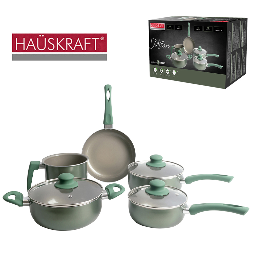 CONJUNTO DE PANELAS ANTIADERENTE COM TAMPA DE VIDRO MILAN VERDE HAUSKRAFT 5 PECAS