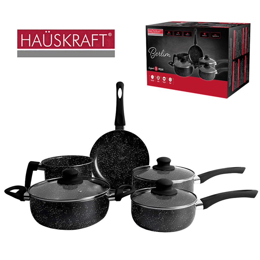 CONJUNTO DE PANELAS ANTIADERENTE COM TAMPA DE VIDRO BERLIM PRETA HAUSKRAFT 5 PECAS