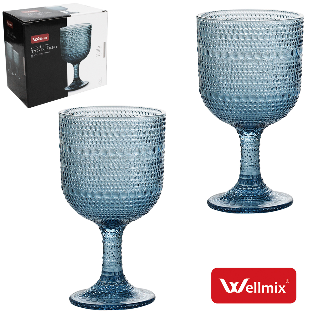 JOGO DE TACA DE VIDRO PARA AGUA / VINHO PREMIUM PALLA COLLECTION AZUL ESCURO COM 2 PECAS 255ML