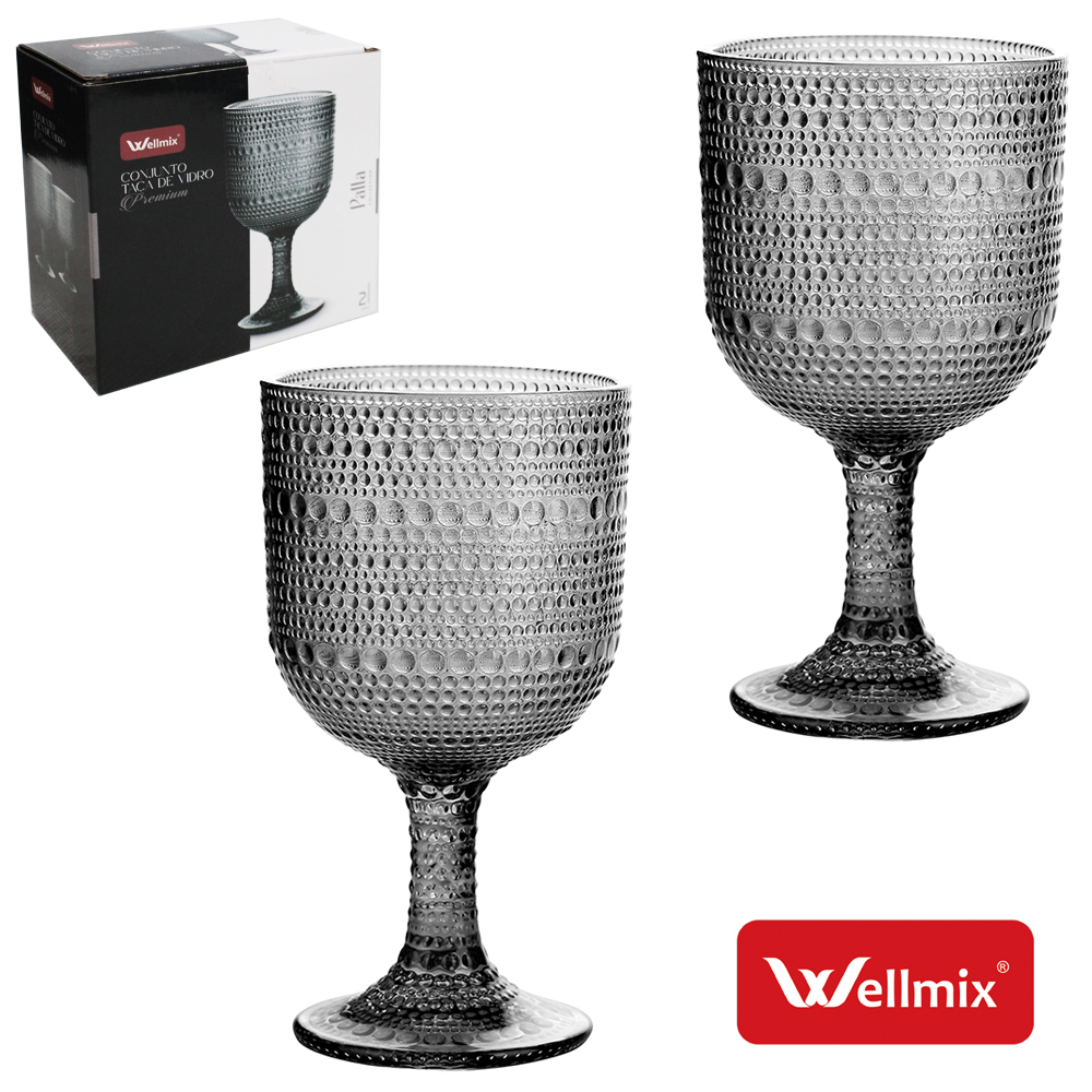 JOGO DE TACA DE VIDRO PARA AGUA / VINHO PREMIUM PALLA COLLECTION PRETO FUME COM 2 PECAS 255ML