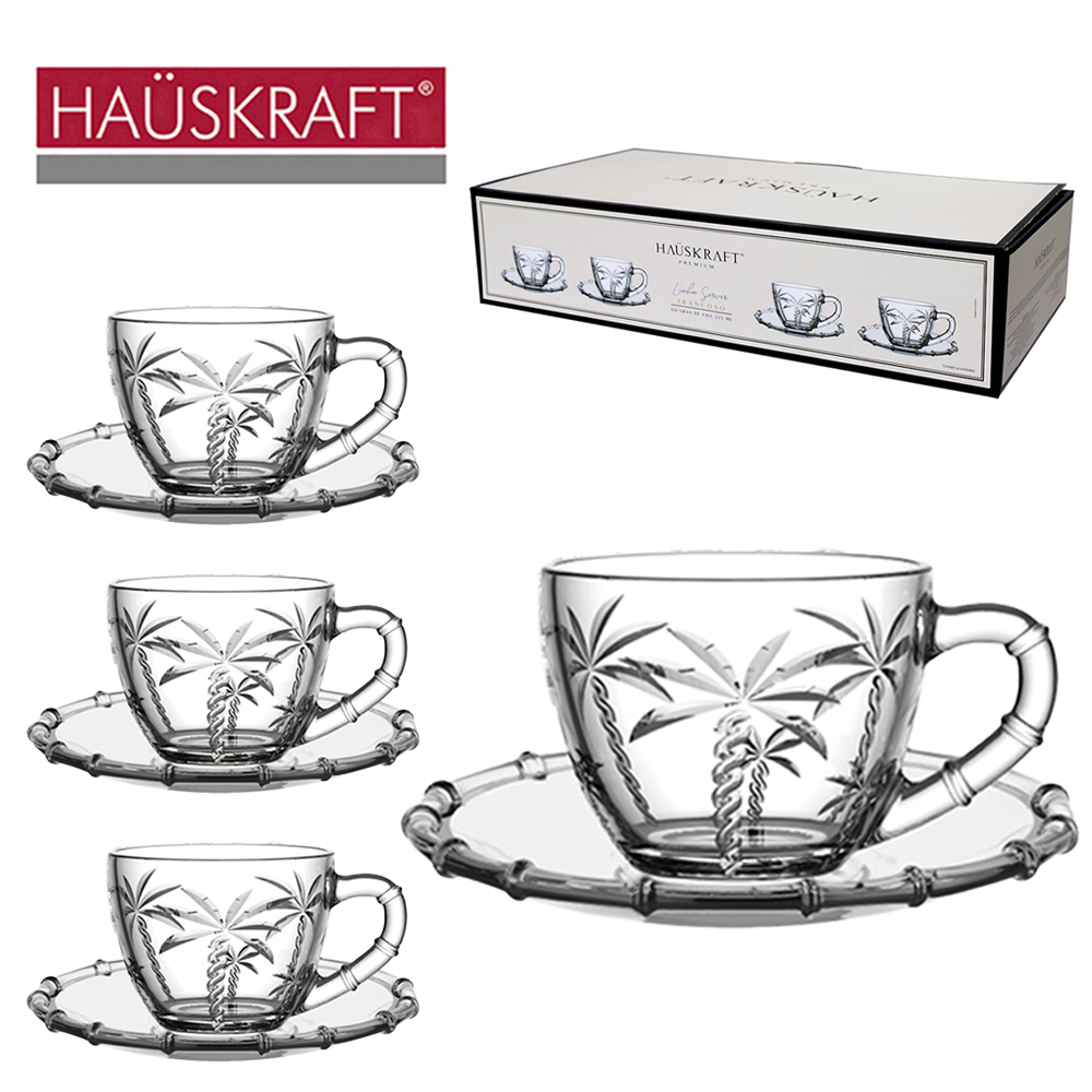 JOGO DE XICARA DE VIDRO COM PIRES PARA CHA LINHA SERVIR TRANCOSO HAUSKRAFT PREMIUM 8 PECAS 225ML