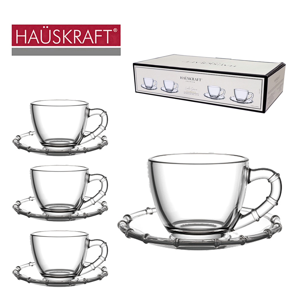 JOGO DE XICARA DE VIDRO COM PIRES PARA CHA LINHA SERVIR BAMBOO HAUSKRAFT PREMIUM 8 PECAS 225ML