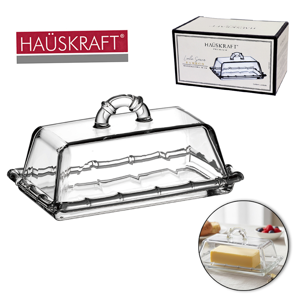 MANTEIGUEIRA DE VIDRO RETANGULAR COM TAMPA LINHA SERVIR BAMBOO HAUSKRAFT PREMIUM 16X8X8CM