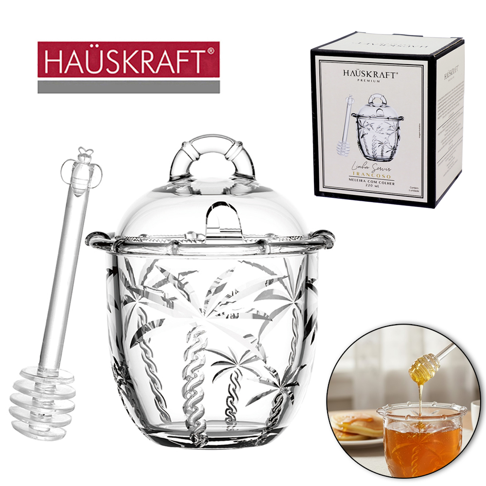 PORTA MEL / MELEIRA DE VIDRO COM TAMPA + PEGADOR DE ACRILICO LINHA SERVIR TRANCOSO HAUSKRAFT PREMIUM 220ML