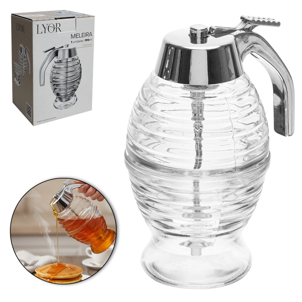 PORTA MEL / MELEIRA DE VIDRO CRISTAL COLMEIA COM TAMPA E ALCA DE PLASTICO 190ML 14X10X7,5CM
