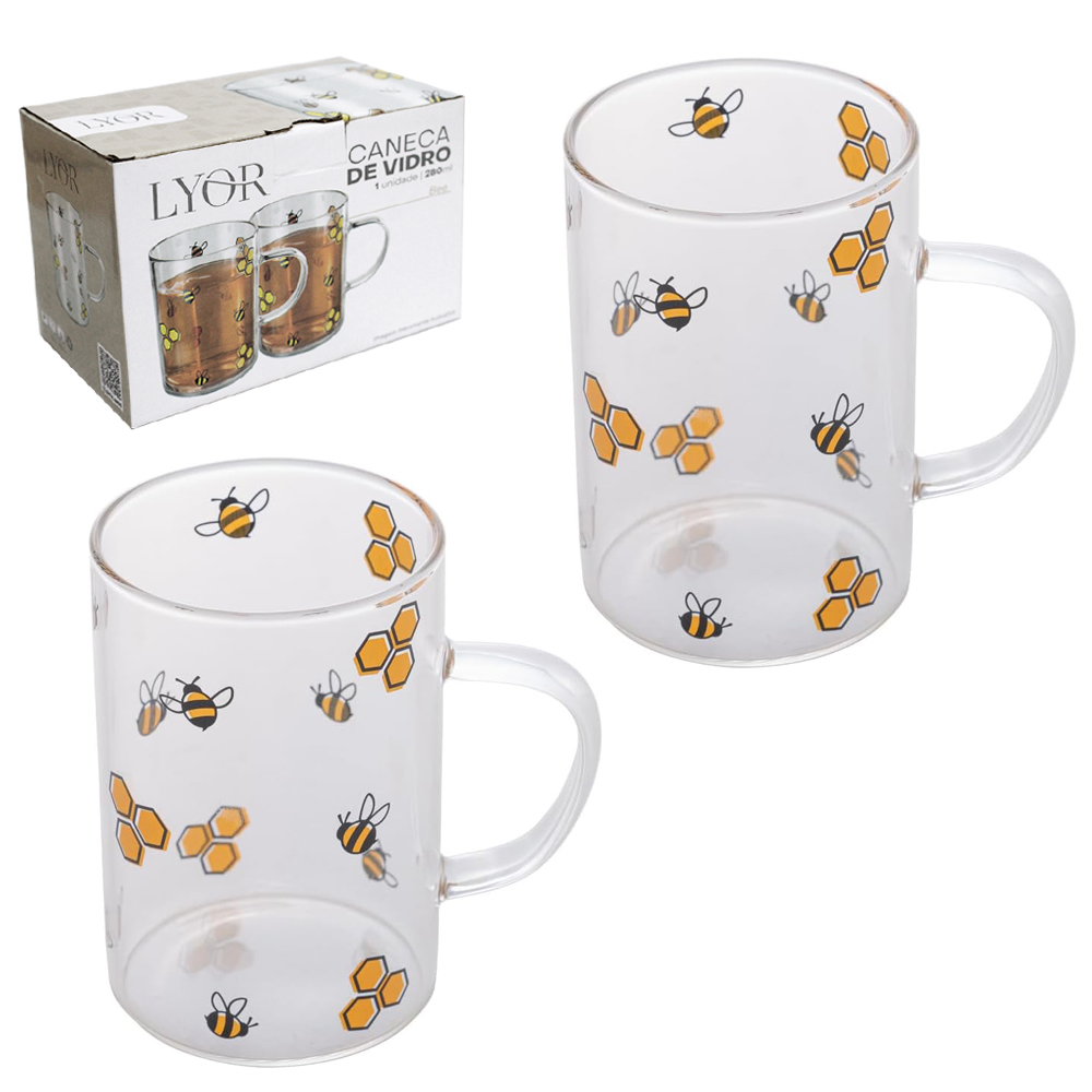 JOGO DE CANECA XICARA DE VIDRO BOROSSILICATO PARA CAFE / CAPPUCCINO BEE COM 2 PECAS 280ML