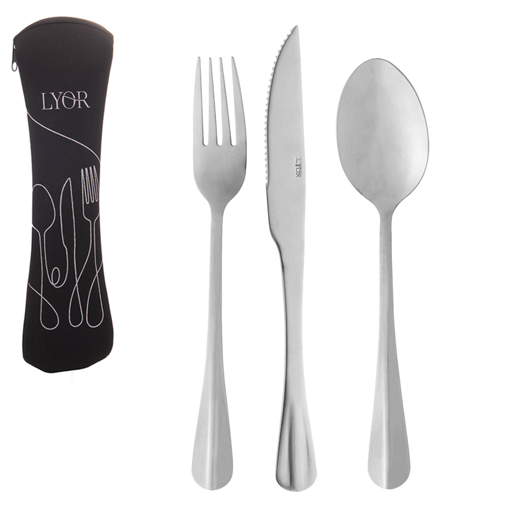 CONJUNTO DE TALHER COM GARFO + FACA E COLHER DE INOX 3 PECAS NO ESTOJO COM ZIPER NEOPRENE
