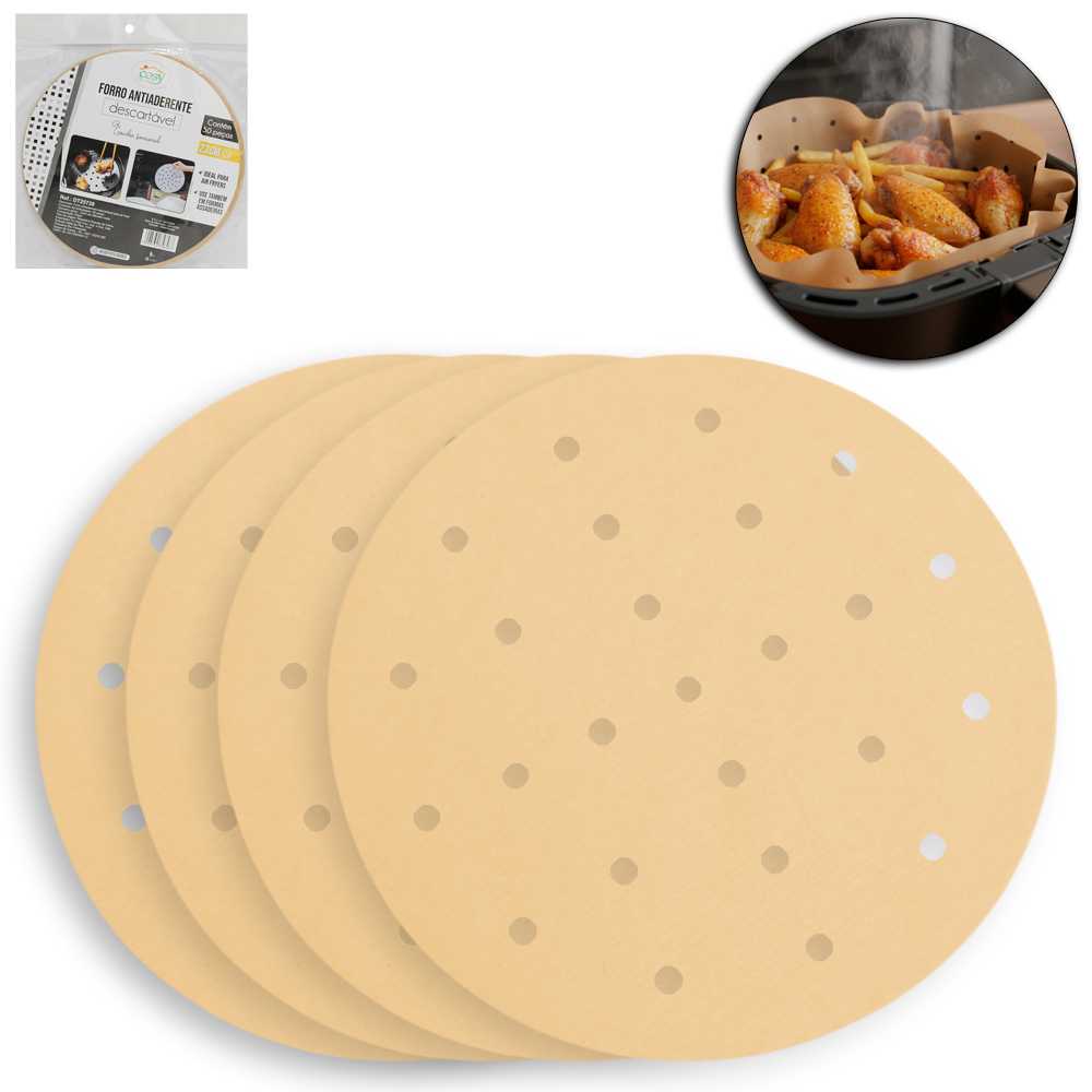 FORRO / FORMA DE PAPEL REDONDA DESCARTAVEL ANTIADERENTE PARA FORNO / AIR FRYER 50 PECAS 23CM DE Ø