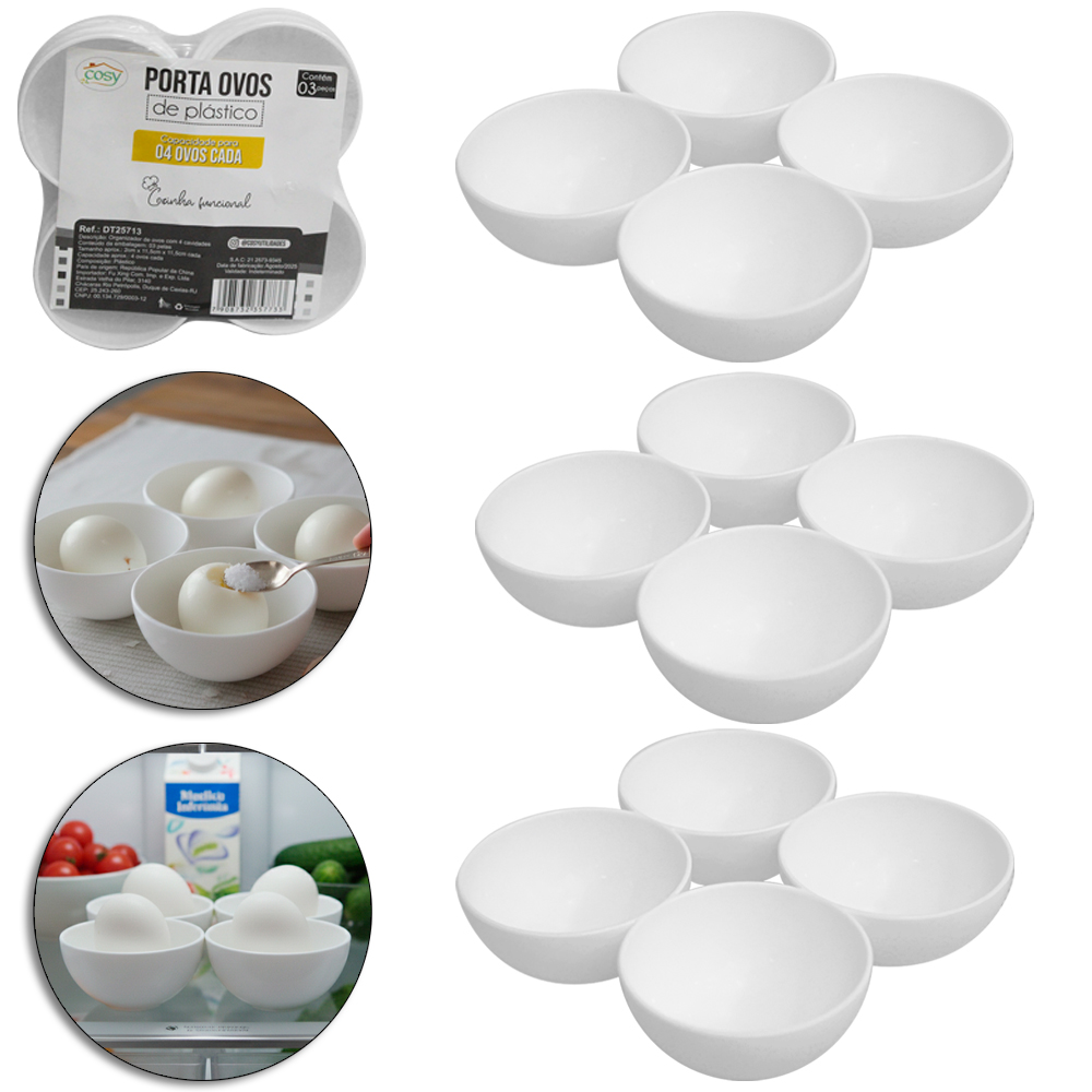 PORTA OVOS DE PLASTICO QUADRADO COM 4 CAVIDADES COM 3 PECAS 11,5X2CM
