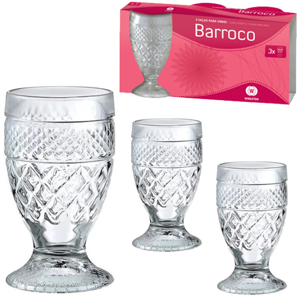 JOGO DE TACA DE VIDRO PARA AGUA / VINHO BARROCO COM 3 PECAS 200ML