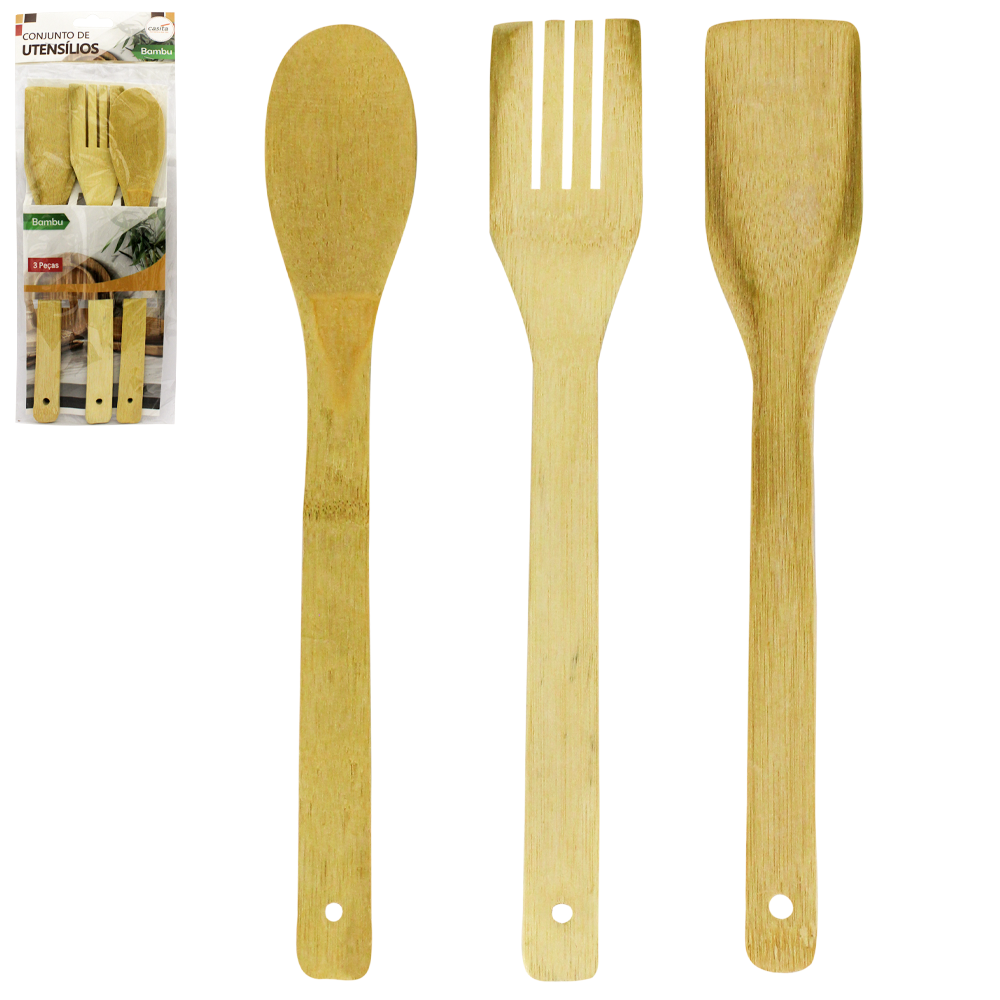 KIT COM COLHER + ESPATULA E GARFO DE BAMBU 3 PECAS