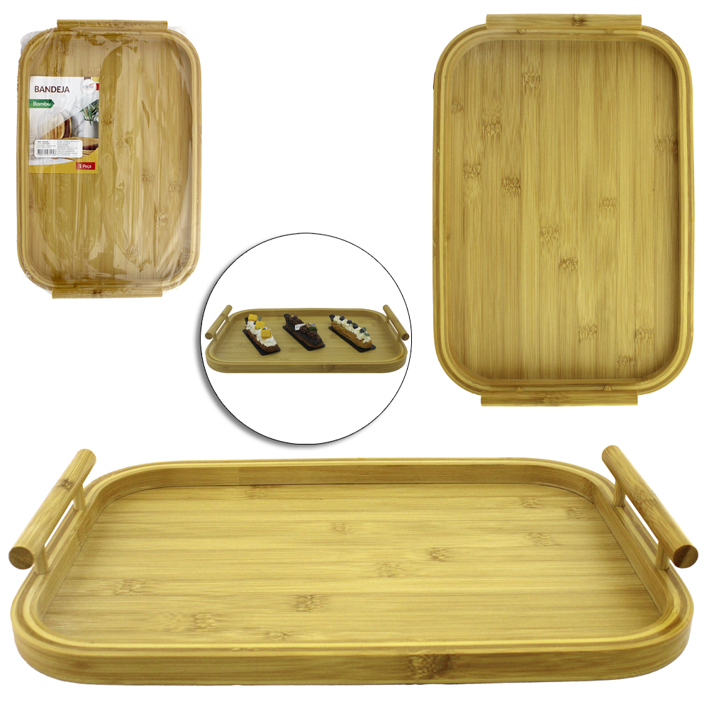 BANDEJA DE BAMBU RETANGULAR COM ALCA 38X26CM
