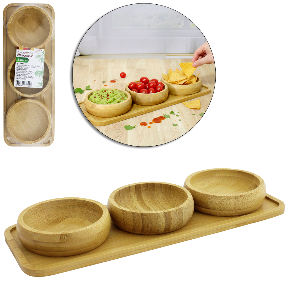 CONJUNTO PETISQUEIRA DE BAMBU COM 3 PECAS + BANDEJA