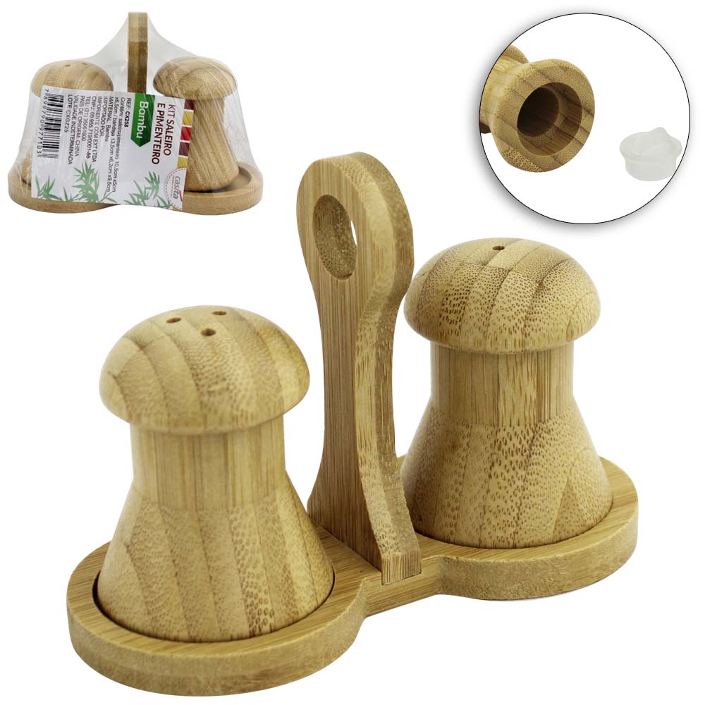 SALEIRO / PIMENTEIRO DE MESA DE BAMBU 2 PECAS COM SUPORTE