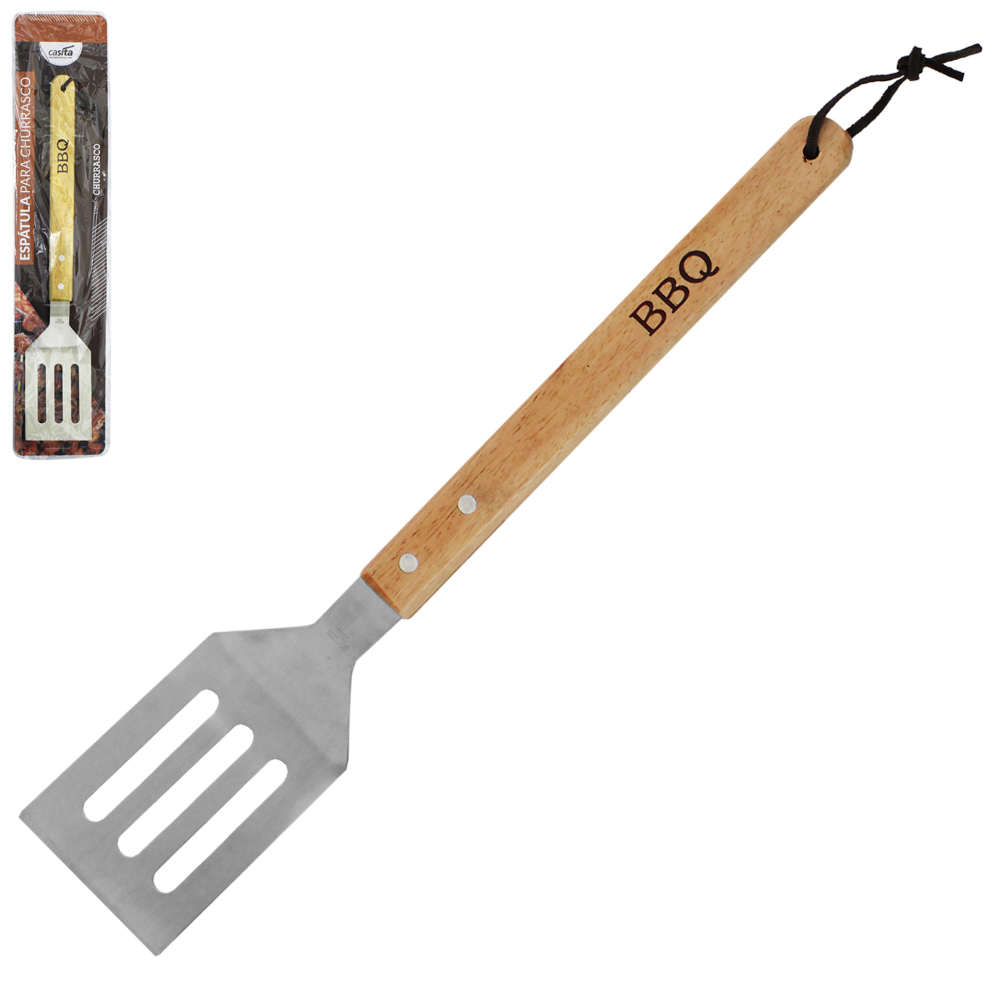 ESPATULA PARA CHURRASCO DE INOX CABO MADEIRA LONGO 39CM