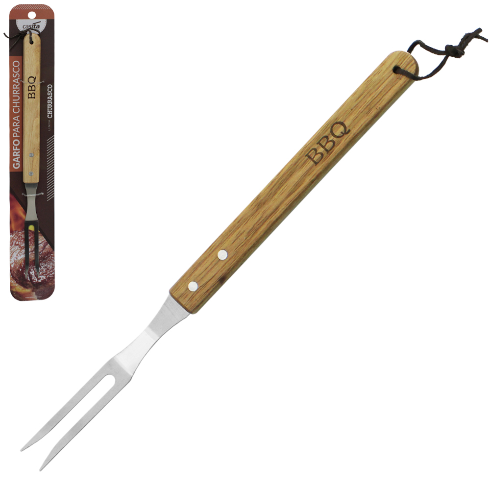 GARFO TRINCHANTE PARA CHURRASCO DE INOX CABO MADEIRA LONGO 39CM