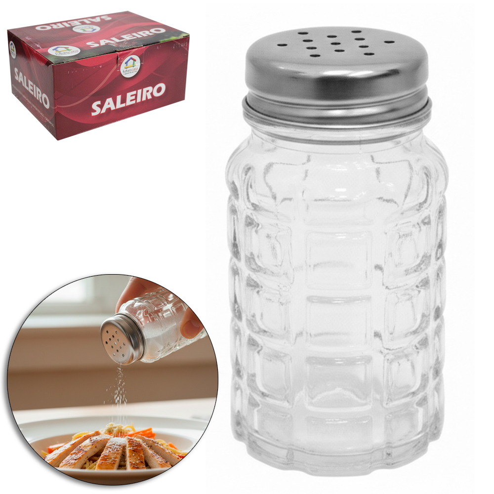 SALEIRO / PIMENTEIRO DE MESA DE VIDRO REDONDO COM TAMPA DE INOX 80ML DP PLAY