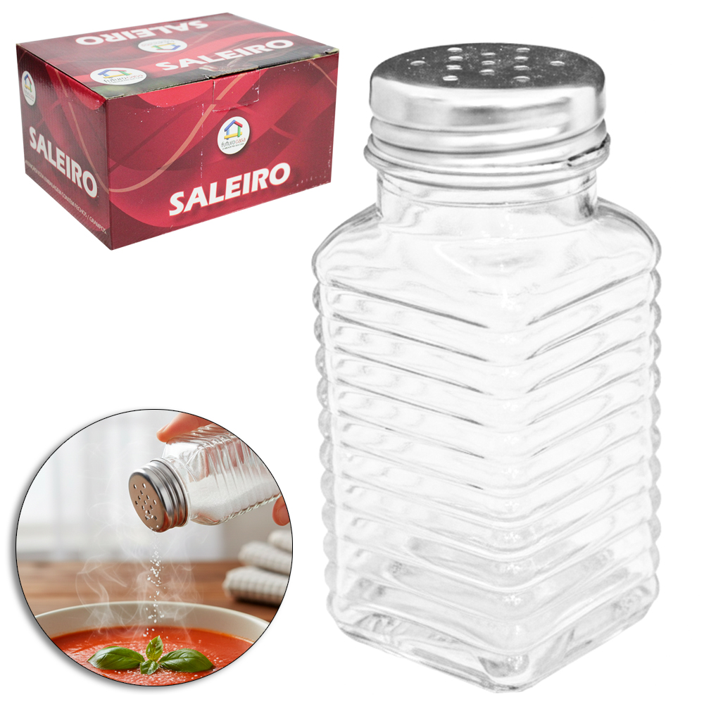 SALEIRO / PIMENTEIRO DE MESA DE VIDRO QUADRADO COM TAMPA DE INOX 80ML DP PLAY