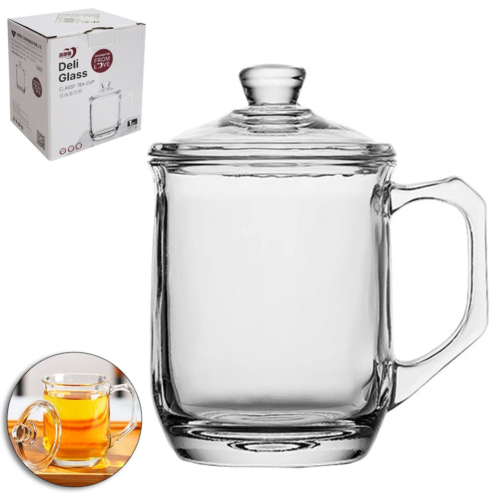 CANECA DE VIDRO COM TAMPA DELI GLASS 390ML
