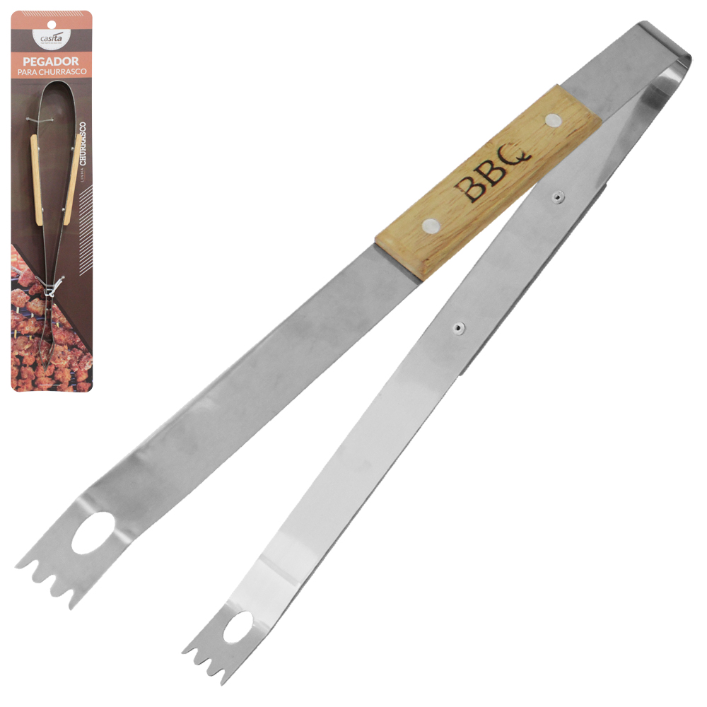 PEGADOR DE CHURRASCO DE INOX CABO MADEIRA 35CM