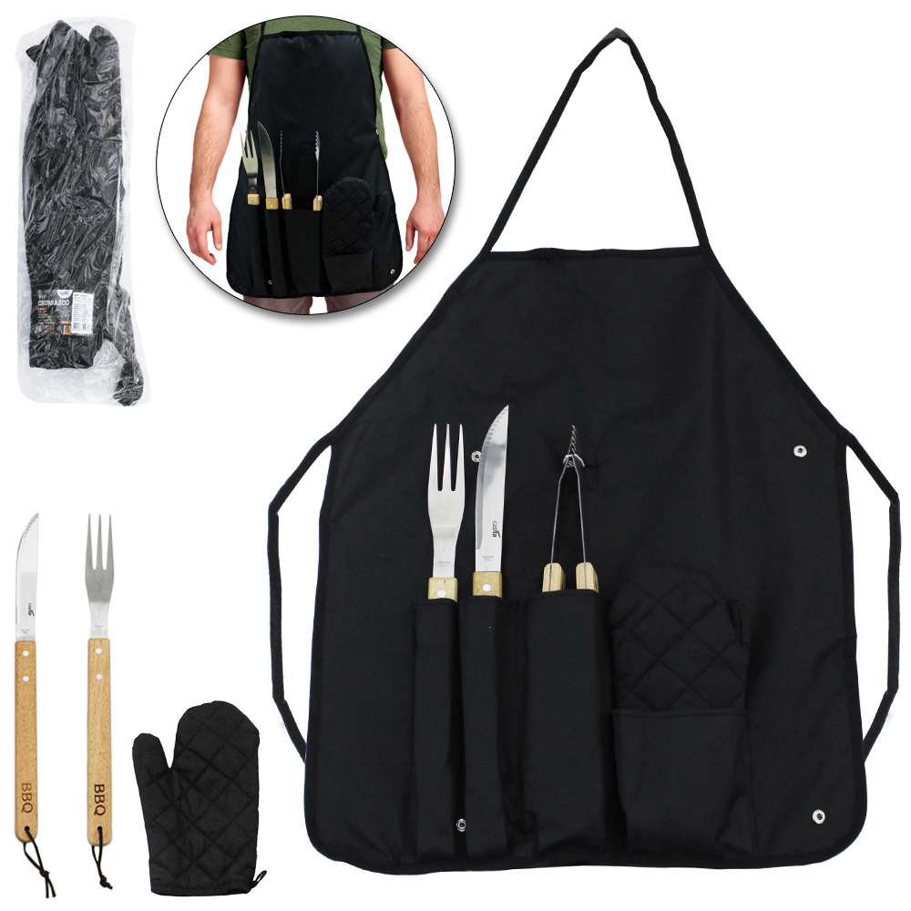 CONJUNTO DE FACA CHURRASCO 6,5'' + GARFO 5,5'' + PEGADOR 37CM DE INOX CABO MADEIRA E LUVA NO AVENTAL