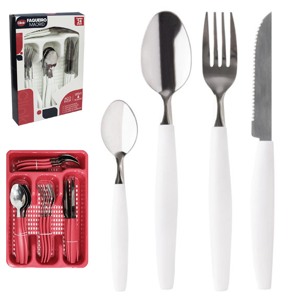 CONJUNTO DE TALHERES / FAQUEIRO DE INOX COM 24 PECAS CABO PLASTICO + PORTA TALHER MADRID