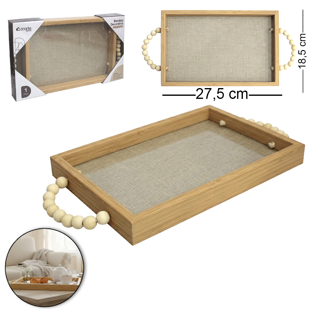 BANDEJA DE PLASTICO TIPO MADEIRA FUNDO POLIESTER / VIDRO RETANGULAR DECORATIVA + ALCA DE CONTAS DECOR 27,5X18,5X3CM
