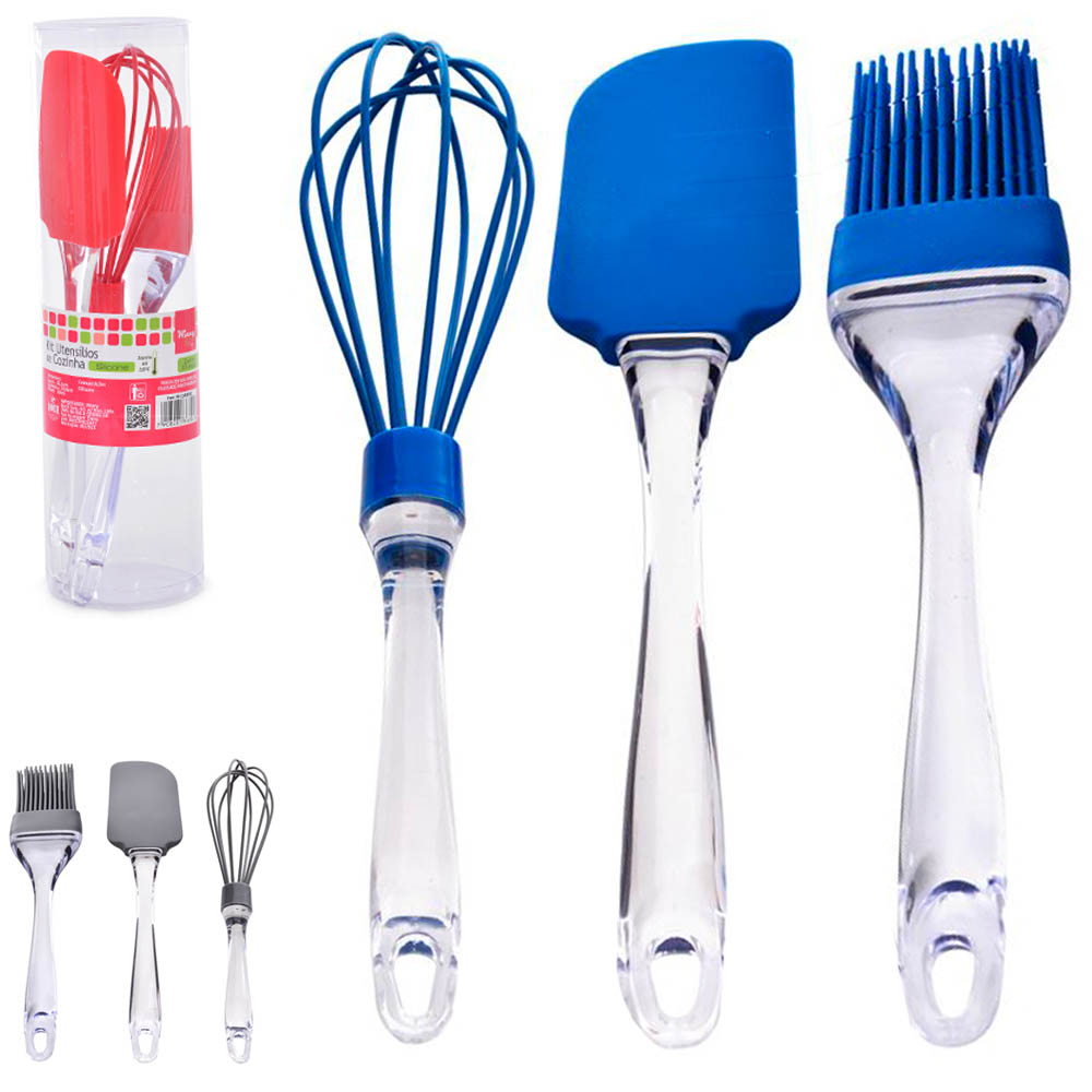 KIT CONFEITEIRO COM BATEDOR CLARA + ESPATULA PAO DURO E PINCEL DE SILICONE CABO ACRILICO NO TUBO