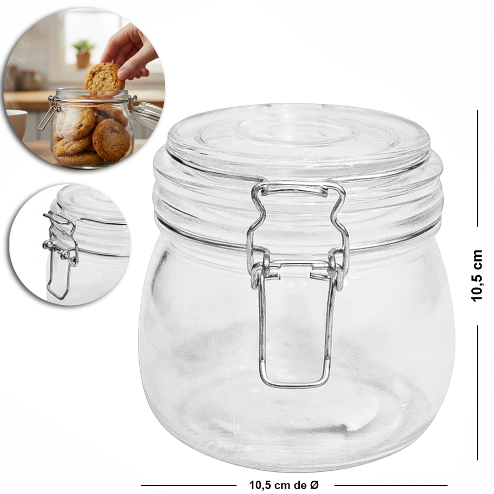 POTE DE VIDRO REDONDO COM TAMPA HERMETICA DE VIDRO E FECHO 500ML