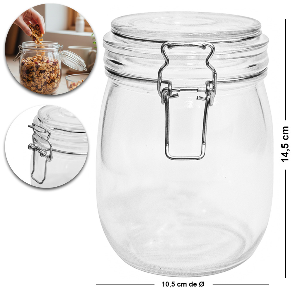 POTE DE VIDRO REDONDO COM TAMPA HERMETICA DE VIDRO E FECHO 750ML