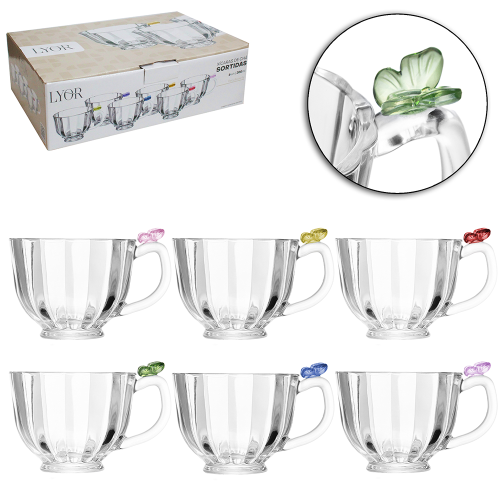 JOGO DE XICARA DE VIDRO CRISTAL PARA CAFE FAIRY BUTTERFLY COM 6 PECAS 80ML