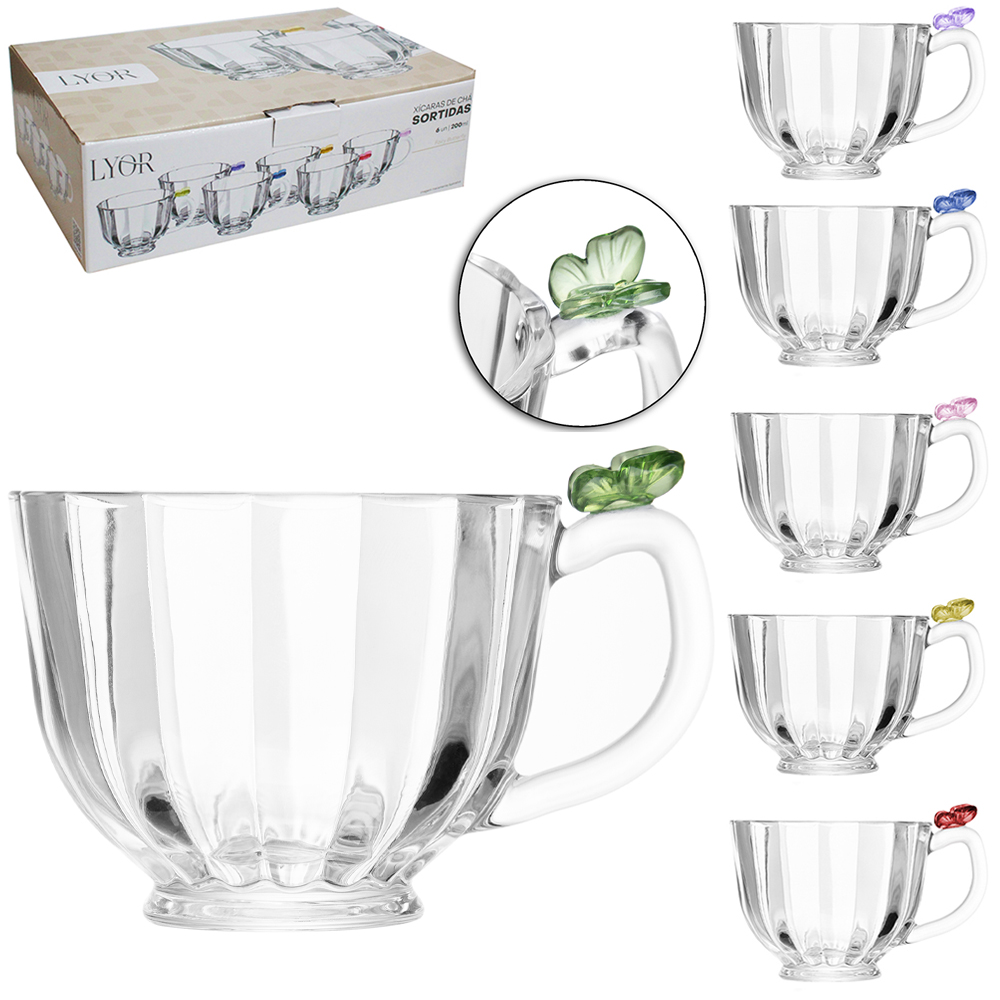 JOGO DE XICARA DE VIDRO CRISTAL PARA CHA FAIRY BUTTERFLY COM 6 PECAS 200ML